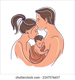  Young smiling parents mother and father family holding small toddler infant newborn baby.Happy family.Vector