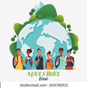 Young, smiling people with backpacks. Holiday vacation travel and adventure concept, vector illustration. World map background. Poster design style