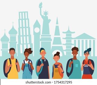 Young, smiling people with backpacks. Holiday vacation travel and adventure concept, vector illustration. World map background. Poster design style