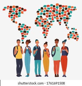 Young, smiling people with backpacks. Holiday vacation travel and adventure concept, vector illustration. World map made of colorful speech bubbles