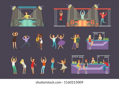 Young Smiling People Dancing In Night Club And Drinking In The Bar With DJ Playing Music Cartoon Vector Illustration