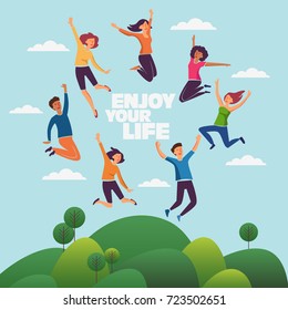 Young, smiling people jumping over green landscape