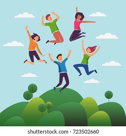 Young, smiling people jumping over green landscape