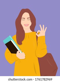 Young smiling positive student in trend colors with books and massive backpack, flat illustration