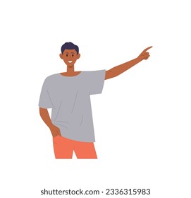 Young smiling positively teenager guy pointing with forefinger to left standing on white background