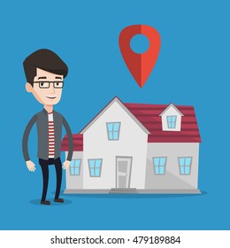 Young smiling real estate agent standing on a background of map pointer above the house. Happy male real estate agent offering house. Vector flat design illustration. Square layout.