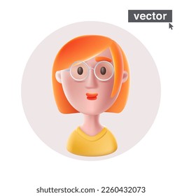 Junge lächelnde rote Haar Frau mit Brille Avatar im Kreis Rahmen. Realistische 3D-Vektorgrafik im Cartoon-Stil. Atemberaubendes Symbol für Benutzerprofil, glückliche ID-Karte, fröhliche soziale Medien