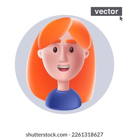 Young smiling red hair woman avatar in circle frame. Realistic 3D style vector character illustration in cartoon style. Stunning icon for user person profile, happy ID card, joyful social media.