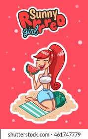 Young smiling redhead woman eating watermelon on the beach. Vacation illustrations. Sticker