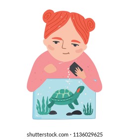 Young smiling redhead woman or girl feeding her turtle, tortoise or terrapin living in terrarium. Adorable female cartoon character with domestic reptile. Flat cartoon colorful vector illustration