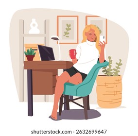 Young smiling relaxed woman remote employee cartoon character having coffee break using smartphone to rest in social network while working online at cozy home office scene vector illustration