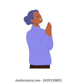 Young smiling religious woman cartoon character placed hands in pray isolated on white background