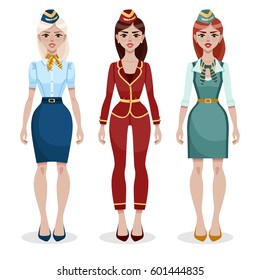 Young smiling stewardess in different style uniform. Women's profession. Cartoon vector illustration isolated on white background.
