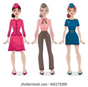 Young smiling stewardess in different style uniform. Women's profession. Cartoon vector illustration isolated on white background.