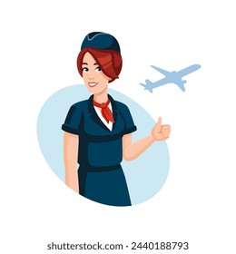 Junge, lächelnde Stewardess zeigt Daumen hoch. Reisen, Flugreisen, Fluglinien-Konzept, flaches Design, Cartoon-Stil. Vektorgrafik. Air Hostess in Airline-Uniform.