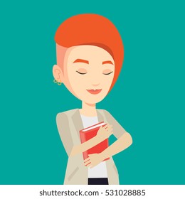 Young smiling student hugging her book. Happy joyful student likes read books. Peaceful student with eyes closed holding a book. Concept of education. Vector flat design illustration. Square layout.