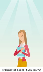 Young smiling student hugging her book. Happy joyful student likes read books. Peaceful student with eyes closed holding a book. Concept of education. Vector flat design illustration. Vertical layout.