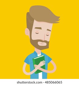 Young smiling student hugging his book. Happy joyful student likes read books. Peaceful student with eyes closed holding a book. Concept of education. Vector flat design illustration. Square layout.