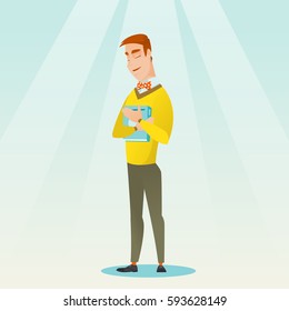 Young smiling student hugging his book. Happy joyful student likes read books. Peaceful student with eyes closed holding a book. Concept of education. Vector flat design illustration. Square layout.