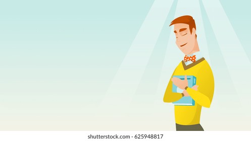 Young smiling student hugging his book. Happy joyful student likes read books. Peaceful student with eyes closed holding a book. Education concept. Vector flat design illustration. Horizontal layout.