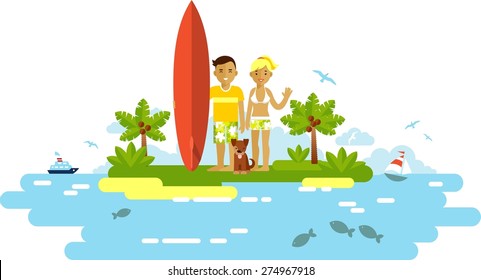 Young smiling surfer man and woman couple with surfboard and dog on the beach background in flat style