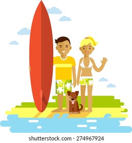 Young smiling surfer man and woman couple with surfboard and dog on the beach background in flat style