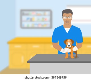 Young smiling veterinarian African American man holding a dog at a table in veterinary office. Vector flat illustration. Pets health care horizontal banner. Cartoon concept