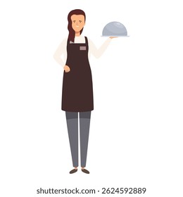 Young smiling waitress holding a covered restaurant serving tray