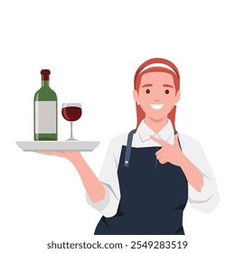 Young smiling waitress in uniform holds a tray with a glass of wine. Flat vector illustration isolated on white background