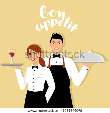 young smiling waitress in uniform holds a tray with a glass of wine. a young smiling waiter in uniform holds a tray