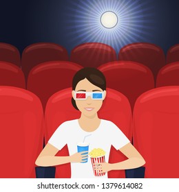Young smiling woman in 3d glasses with popcorn and plastic cup watching film in cinema alone. Vector