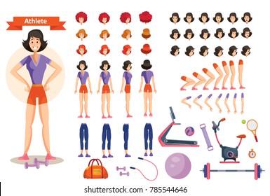 Young smiling woman athlete in sportswear vector illustration. Character creation set in flat style. Full body in different views, emotions, hairstyles, hands, fitness equipment. Build your own design