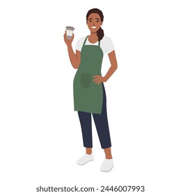 Mujer joven sonriente barista personaje de dibujos animados trabajando en la cafetería de pie y sonriendo sosteniendo café para los clientes. Ilustración vectorial plana aislada sobre fondo blanco