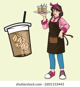 Young smiling woman barista cartoon character working at cafeteria standing and smiling holding coffee  vector illustration