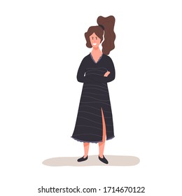 Young smiling woman in black dress standing vector flat illustration.