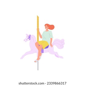 Young smiling woman cartoon character riding horse carousel marry go round amusement park attraction
