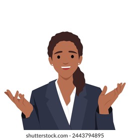 Young smiling woman cartoon character standing with hands stretched out, showing positive attitude and smiling. Flat vector illustration isolated on white background