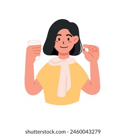 Young smiling woman cartoon character standing and holding glass of water and pill capsule painkiller or vitamin medication