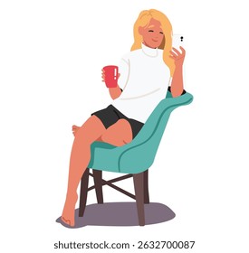 Jovem mulher sorridente personagem de desenho animado bebendo café usando dispositivo smartphone para surfar feed de mídia social e se comunicar com amigos sentados em poltrona ilustração vetor isolado no branco