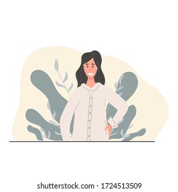 Young smiling woman in casual clothes standing vector flat illustration.