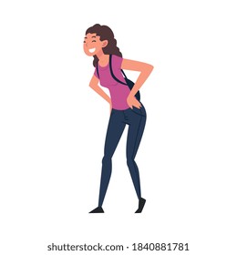 Young Smiling Woman in Casual Clothes Traveling with Backpack Vector Illustration