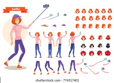 Young smiling woman in casual clothes doing selfie. Character creation set. Full body, different views, emotions, hairstyles, hands, gadgets. Build your own design. Vector illustration in flat style