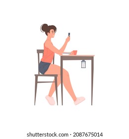 Young smiling woman chatting use smartphone at home table having breakfast, lunch or dinner vector flat illustration. Happy female browsing internet on mobile phone relaxing at cafeteria eating food