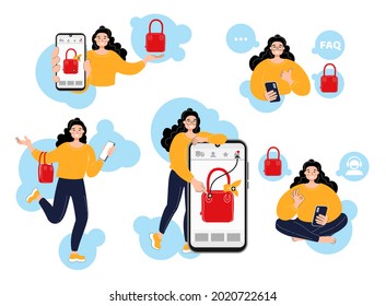 Young smiling woman chooses a bag in an online store. Girl calls support, reads the FAQ and guides. Woman showing like and ok. Vector characters in cartoon style. Isolated, flat illustration.