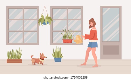 Young smiling woman in comfortable clothes holding watering can and watering house plants on balcony or in the room. Modern interior, pet dog, flowers in pots vector flat cartoon illustration.