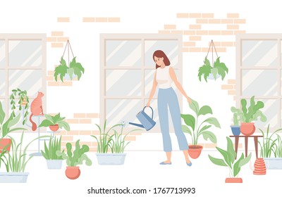 Young smiling woman in comfortable clothes holding watering can and watering home plants near the house or in the room. Cat pet, flowers in pots, gardening vector flat cartoon illustration.