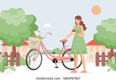 Young smiling woman with a cup of coffee standing near bicycle in country village vector flat illustration. Personal eco friendly modern transport concept. Girl with bike.