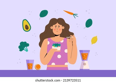 Young smiling woman eats salad. Healthy eating concept. Flat vector illustration for web banner, landing page, web site.