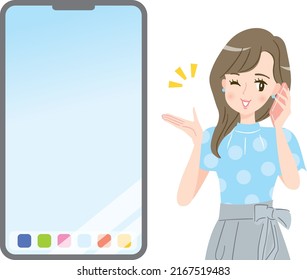 Young smiling woman explaining on the screen of a smartphone