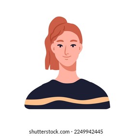 Young smiling woman, face portrait. Beautiful red-head girl. Modern pretty redhead female character with ponytail hairstyle. Flat vector illustration isolated on white background